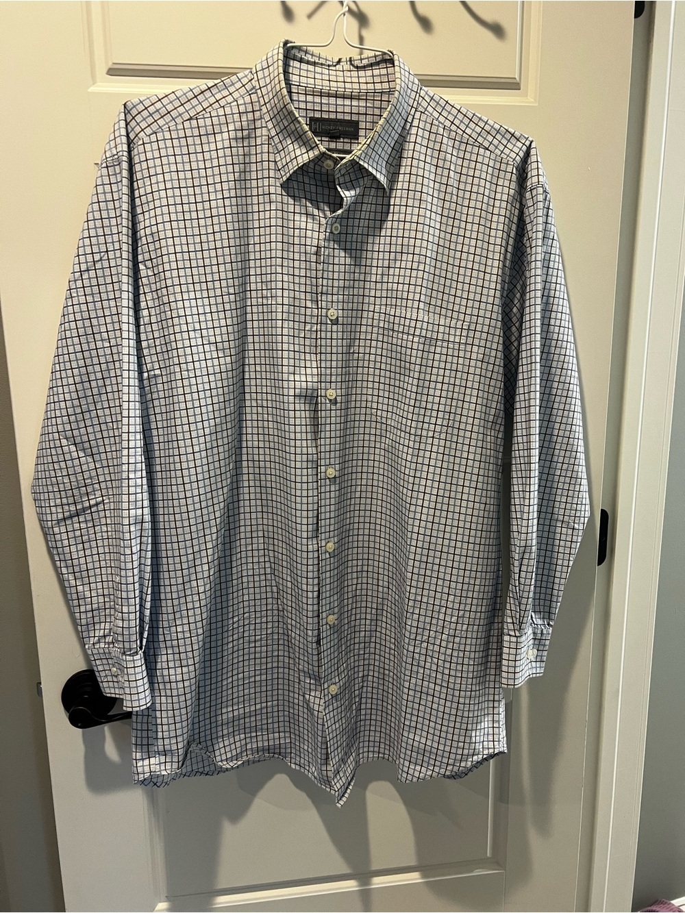 Hickey Freeman Blue and White Windowpane Dress Shirt